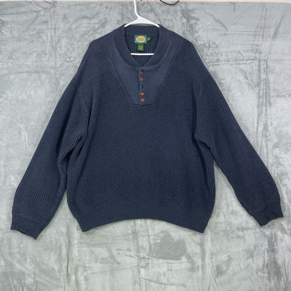 Vintage‎ Cabelas Henley Sweater XL Navy Blue Heavy Knit Cotton Fisherman  READ!